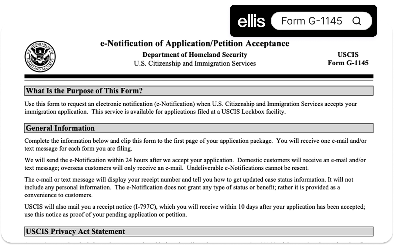 USCIS Form G-1145, e-Notification of Application/Petition Acceptance, showing the Purpose and General Information sections that explain the text and email acceptance alert.