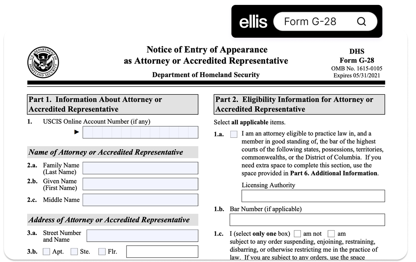 Form G-28, Notice of Entry of Appearance as Attorney or Accredited Representative, showing Part 1 attorney information and Part 2 eligibility fields on the DHS USCIS form