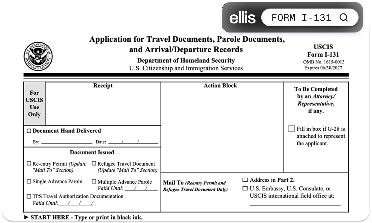 USCIS Form I-131, the Application for Travel Documents used to file for Advance Parole and Refugee Travel Document, with Ellis search badge overlay.