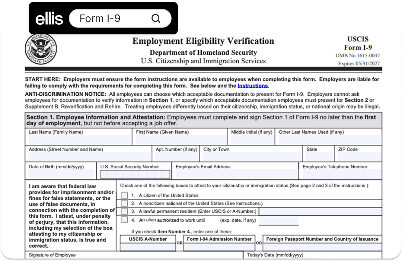 Section 1 of USCIS Form I-9, Employment Eligibility Verification, current edition expiring 05/31/2027