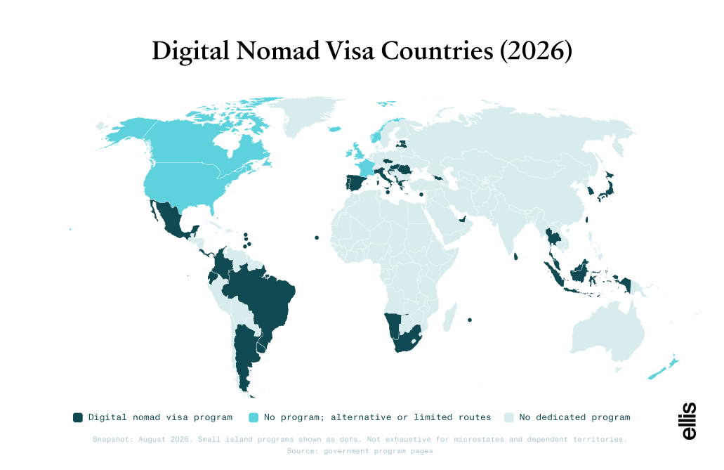 World map showing digital nomad visa availability in 2026. Dark teal marks 41 countries with dedicated programs, including Spain, Portugal, Italy, Greece, Croatia, Japan, Thailand, and Costa Rica. Light teal marks countries with no program but alternative or limited routes: the UK, US, Canada, France, Ireland, Norway, Iceland, and New Zealand. Gray marks countries with no dedicated program.