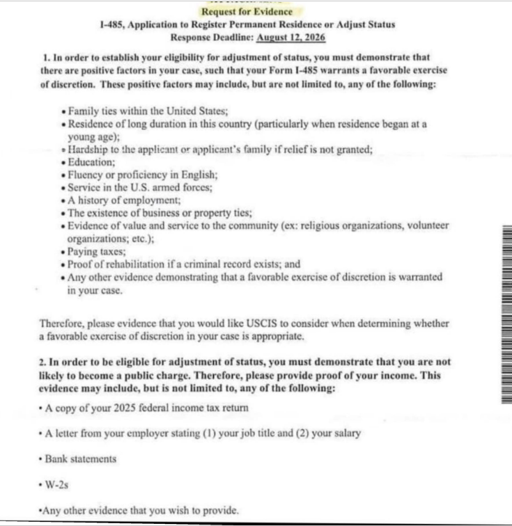 USCIS Request for Evidence for Form I-485 (Adjustment of Status), dated August 2026, asking applicants to demonstrate positive discretionary factors including family ties, employment history, and community ties, and separately requiring public charge documentation including 2025 tax returns, employer letter, bank statements, and W-2s — despite public charge not being mentioned in Policy Memorandum PM-602-0199