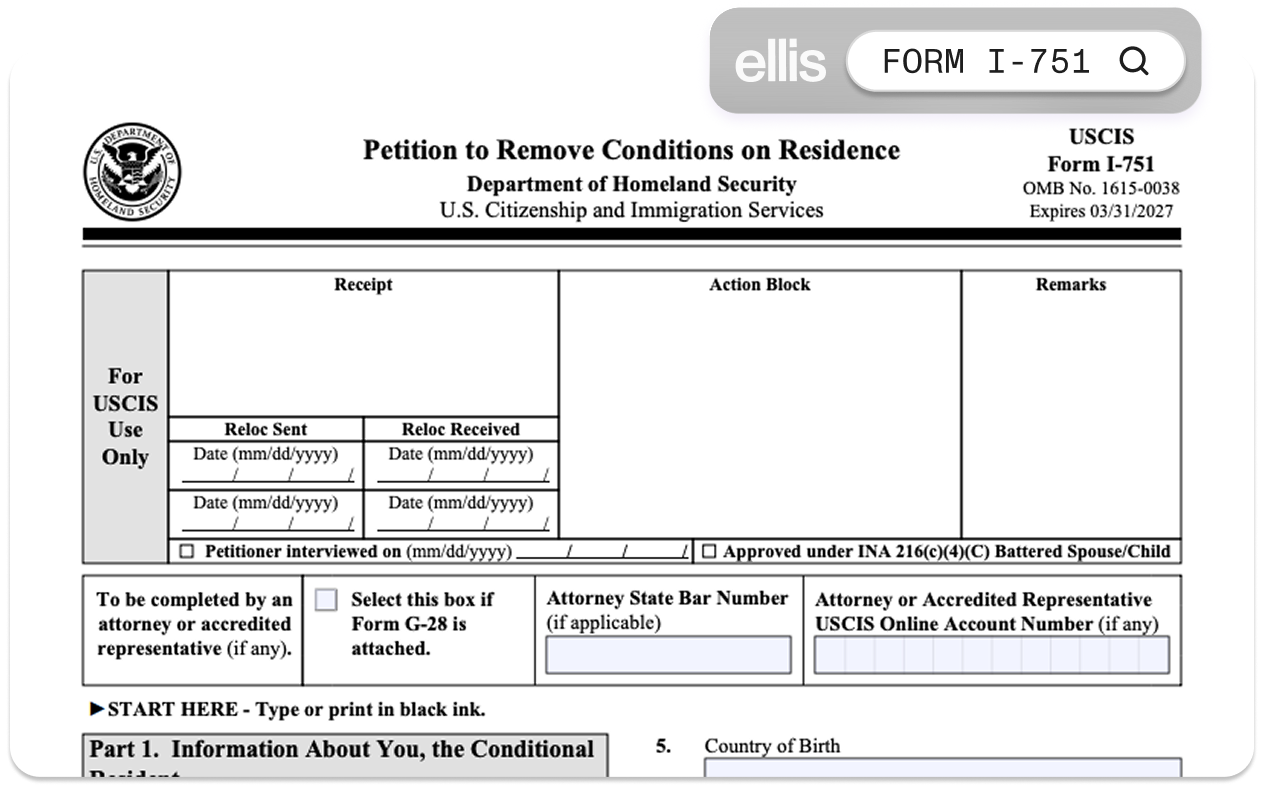 Top of USCIS Form I-751 (Petition to Remove Conditions on Residence), showing the Department of Homeland Security header, the "For USCIS Use Only" section with Receipt, Action Block, Remarks, Reloc Sent and Received dates, checkboxes for Petitioner Interviewed and INA 216(c)(4)(C) Battered Spouse/Child approval, the attorney G-28 section, and the start of Part 1 (Information About You, the Conditional Resident).