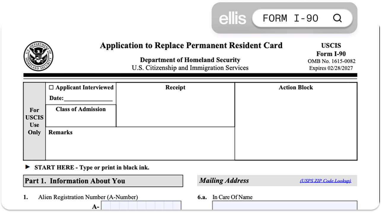Top of USCIS Form I-90 (Application to Replace Permanent Resident Card), showing the Department of Homeland Security header, the "For USCIS Use Only" section with Applicant Interviewed date, Class of Admission, Receipt, Action Block, and Remarks, the "START HERE" instruction, and Part 1 (Information About You) with the Alien Registration Number (A-Number) field and Mailing Address section.