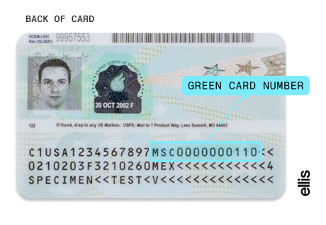 back of a green card showing where to find the 13-digit-greencard number, labeled