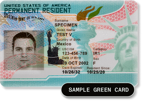 Sample US green card (Permanent Resident Card) showing category IR1, USCIS number, and expiration date — an example of the card that grants lawful permanent resident status.