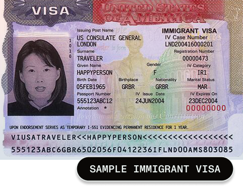 Sample US immigrant visa foil in a passport, issued by the US Consulate General London, showing visa category IR1 — an example of an immigrant visa that becomes a green card on entry.