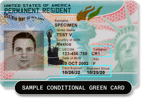 Sample conditional green card showing the CR1 category code and a two-year expiration date