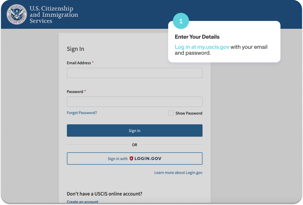 The myUSCIS sign-in page at my.uscis.gov, where you enter the email address and password for your USCIS online account.