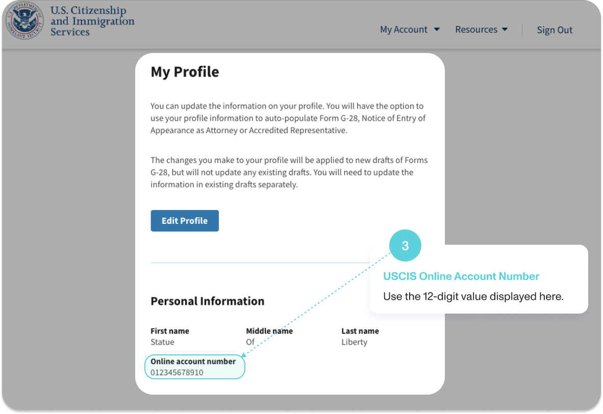 The My Profile page in myUSCIS, showing the USCIS online account number as a 12-digit value under Personal Information.