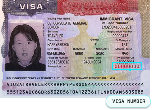 Sample U.S. immigrant visa showing the red eight-digit visa number highlighted in the lower right-hand corner of the visa foil, below the IV expiration date.